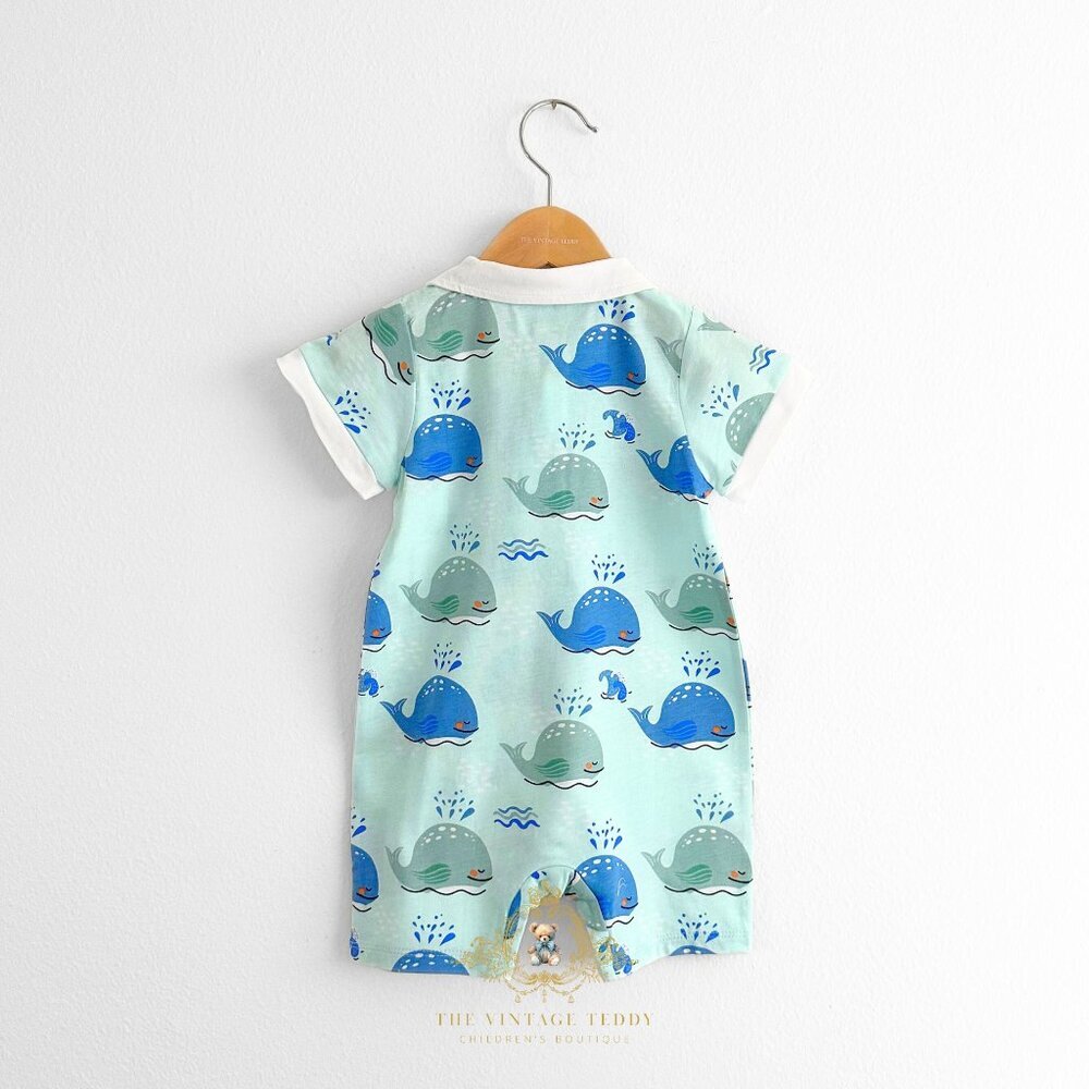 NWT Cute Boys Oxford Romper One-Piece Outfit Short Sleeve Little Whale 9-12M - Picture 2 of 3